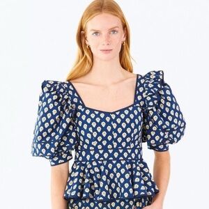 Hunter Bell Blue and White Puff Sleeve Blouse